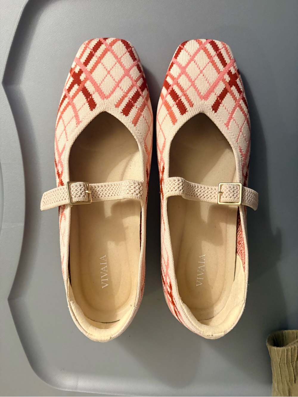 Vivaia brand Pink Plaid Mary Jane Flats with Buckle Strap, comfortable - Picture 2 of 5